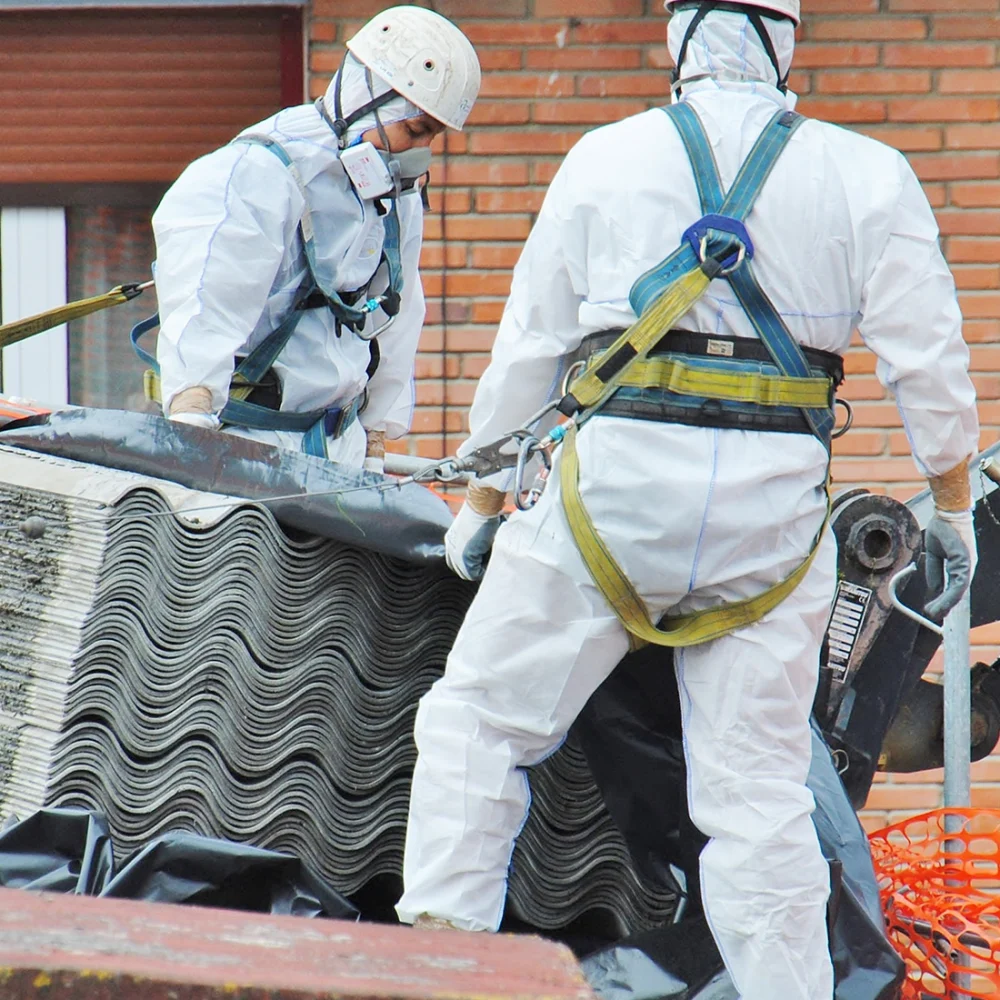 Zwei Fachkräfte in Schutzanzügen und Atemschutz bei Arbeiten an asbesthaltigen Wellplatten